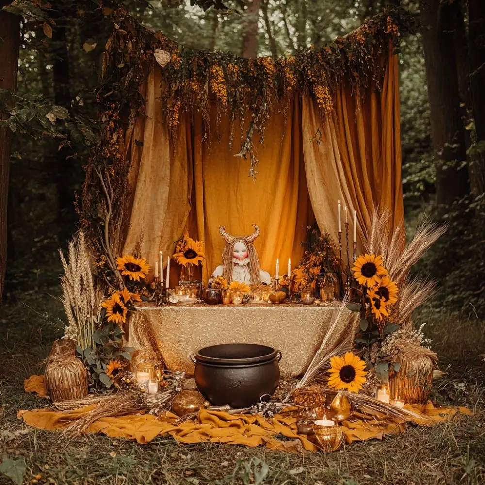 Lammas altar with a horned doll, yellow drapes, sunflowers, wheat, candles, and a cauldron in a forest setting.