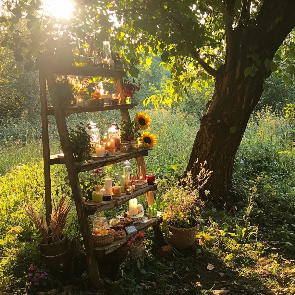 Wooden ladder used as a Lammas altar, holding candles, sunflowers, and herbs, in a sunlit clearing under a tree.