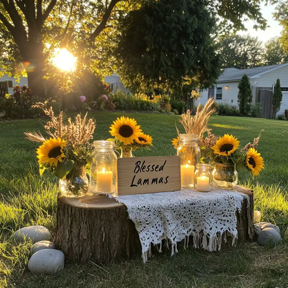 Tree stump altar with lace cloth, sunflowers, jar candles, and a wooden “Blessed Lammas” sign on green grass at sunset.