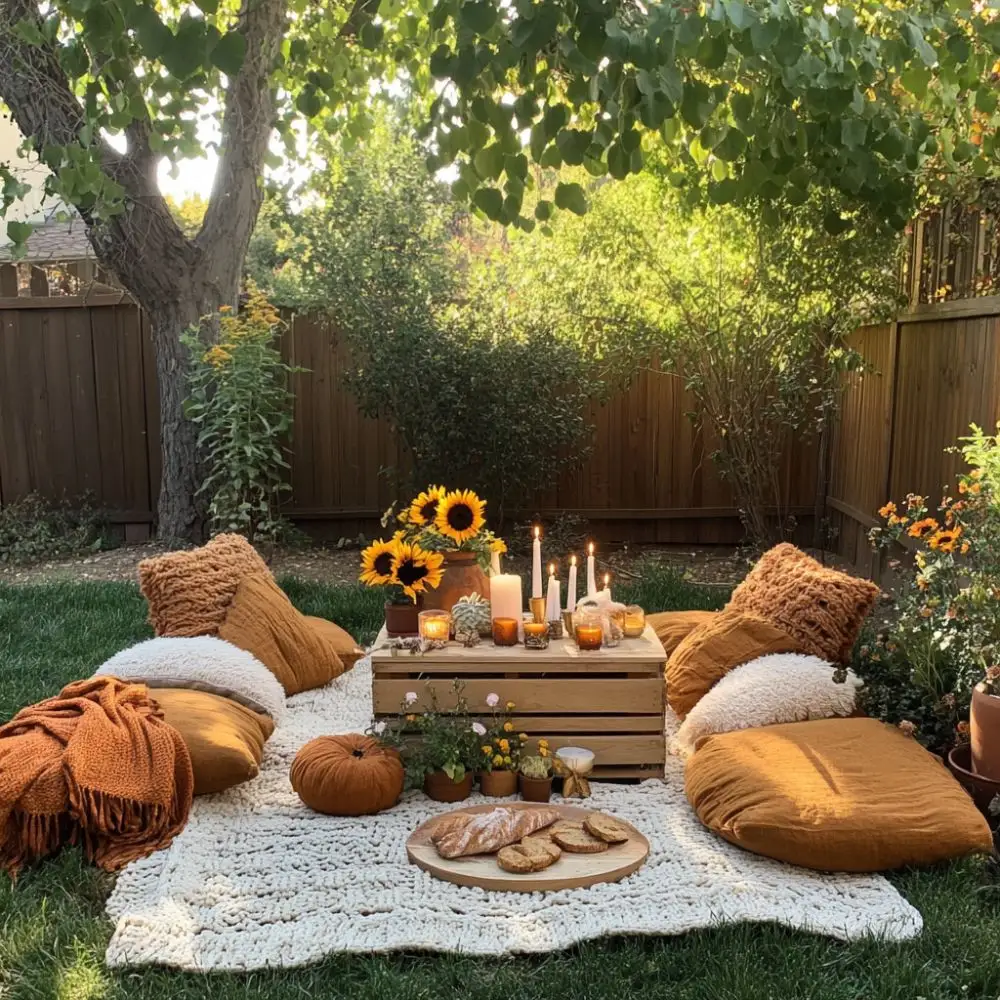 Backyard Lammas picnic with floor cushions, sunflowers, candles, wooden crate altar, bread, and cozy blankets on a white knit rug.