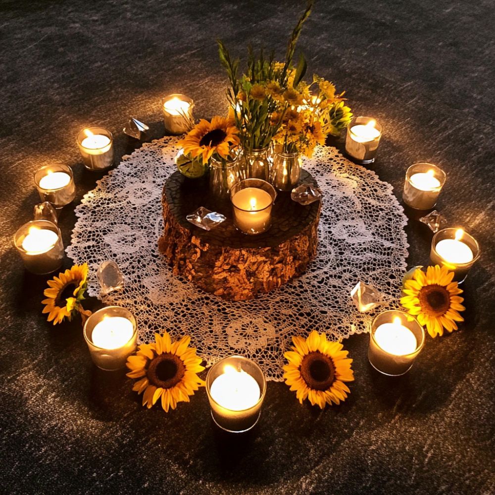 Lammas candle circle with sunflowers, glass jars, and crystals arranged around a tree stump on a lace doily, glowing warmly in low light.