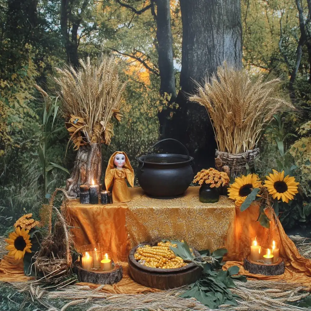 Lammas altar with a cauldron, wheat sheaves, corn, sunflowers, candles, and a golden-robed doll in front of a woodland backdrop.