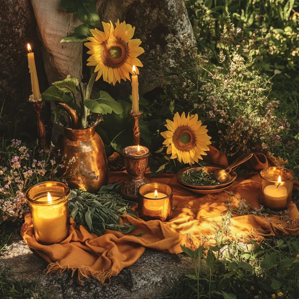 Lammas altar with sunflowers, candles, herbs, and brass dishes on golden cloth in a garden setting.
