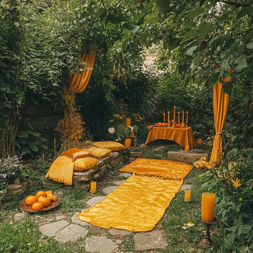 Lammas garden with yellow drapes, candles, pumpkins, golden pillows, and a ritual table surrounded by lush greenery.