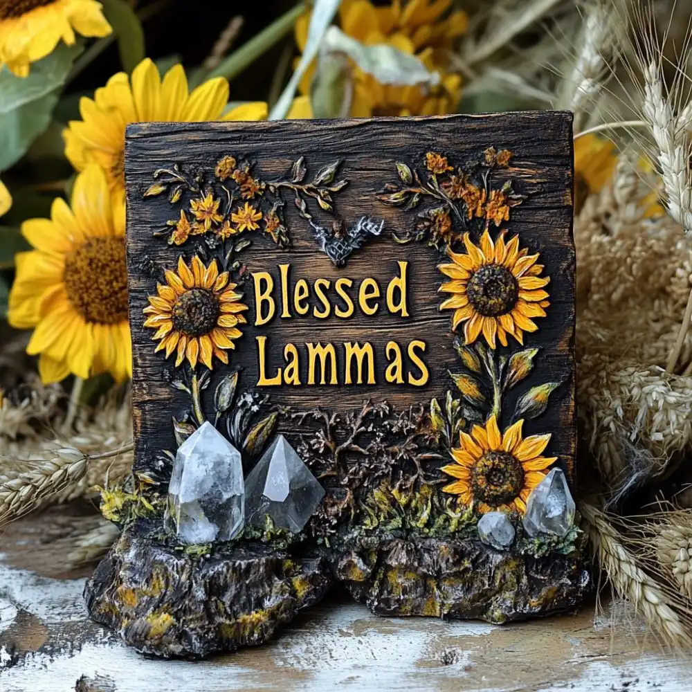 Wooden “Blessed Lammas” sign with sunflowers, clear crystals, and carved vines, set against wheat and sunflower background.