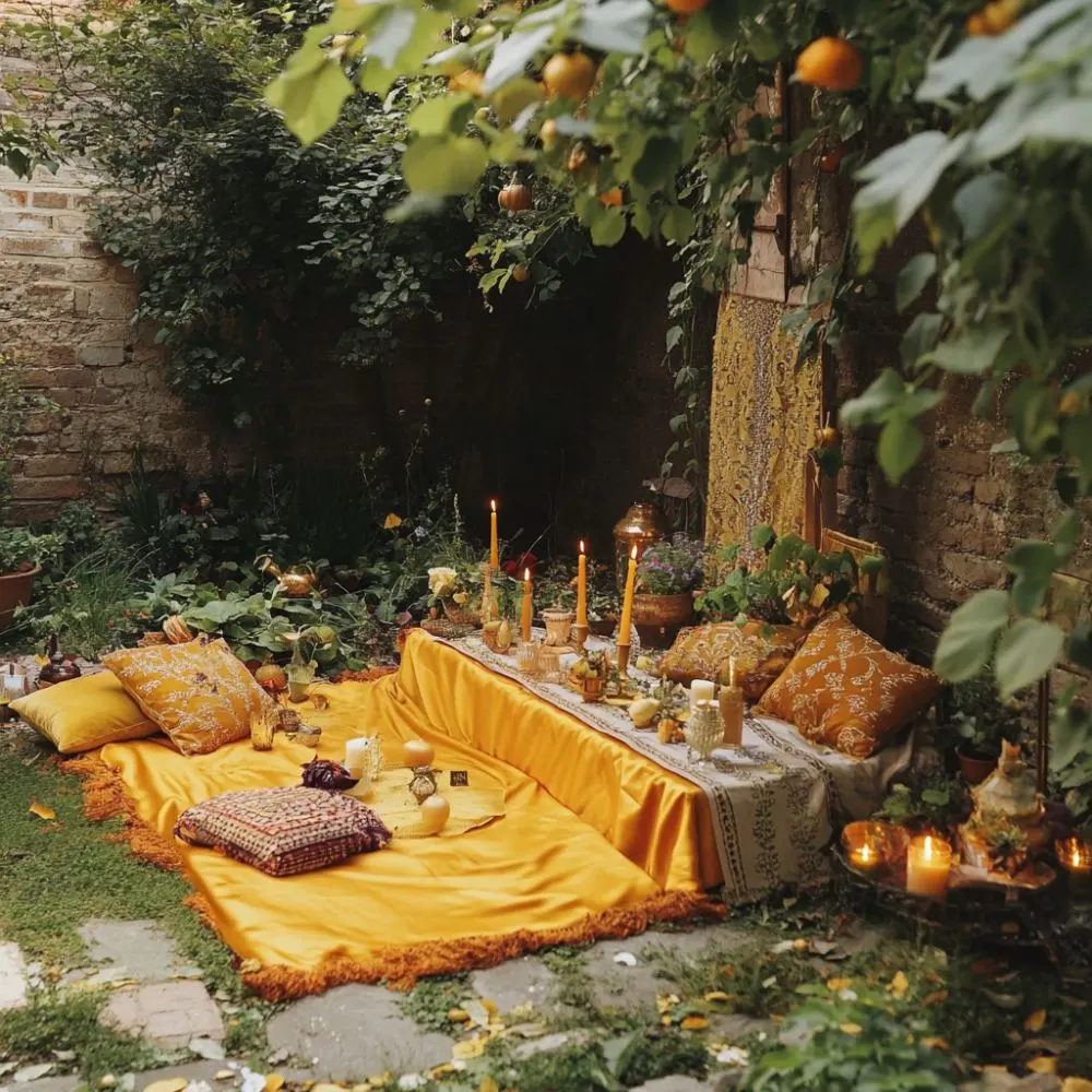 Lammas altar in a garden with yellow cloths, pillows, candles, fruit, and plants under hanging oranges and leafy trees.