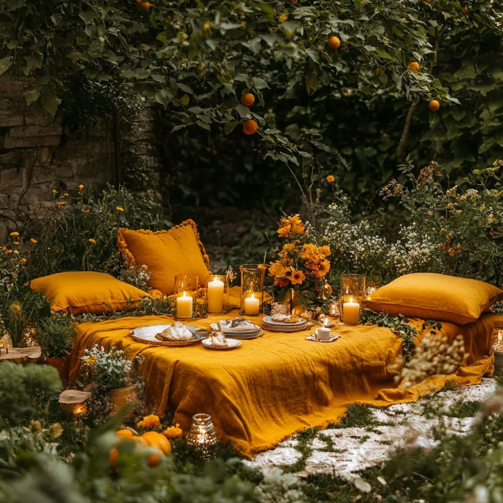 Lammas garden picnic with yellow cloth, candles, plates of bread, pillows, and flowers under trees with hanging fruit.