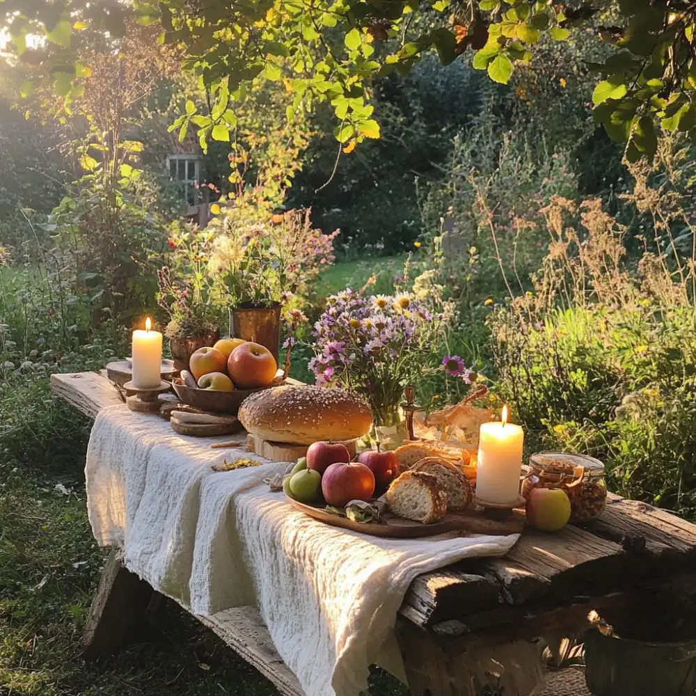 Outdoor Lammas table with apples, bread, candles, and wildflowers on a rustic bench in a sunlit garden.