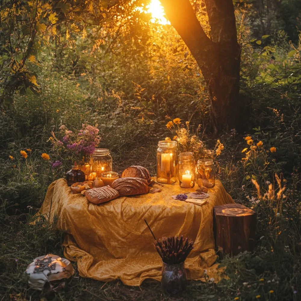 Lammas altar setup outdoors at sunset with yellow cloth, candles in jars, fresh bread, wildflowers, and rustic witchy decorations under a tree.