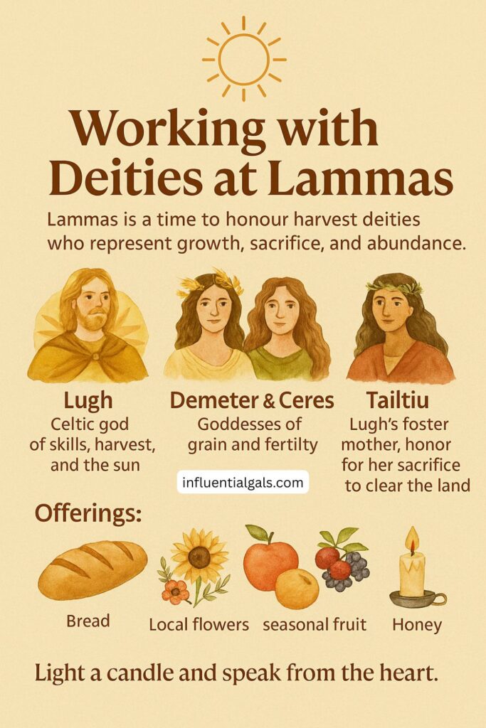 Illustration titled 'Working with Deities at Lammas' featuring harvest deities Lugh, Demeter, Ceres, and Tailtiu. Describes each deity’s role and suggests offerings such as bread, flowers, fruit, and honey. Includes a candle and sun symbol on a soft beige background.







