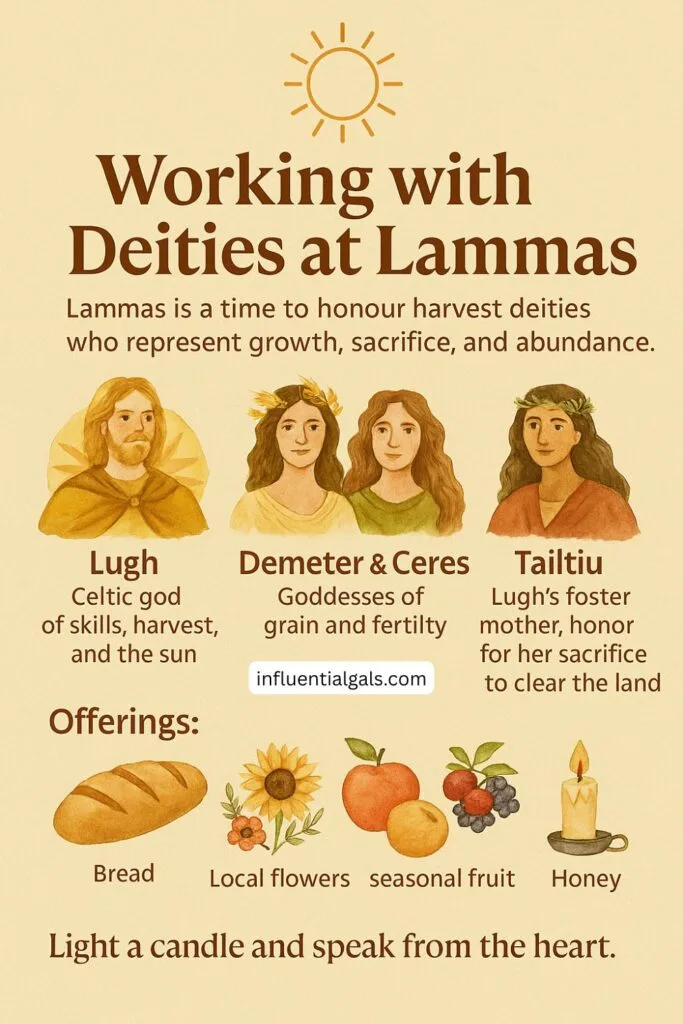 Illustration titled 'Working with Deities at Lammas' featuring harvest deities Lugh, Demeter, Ceres, and Tailtiu. Describes each deity’s role and suggests offerings such as bread, flowers, fruit, and honey. Includes a candle and sun symbol on a soft beige background.