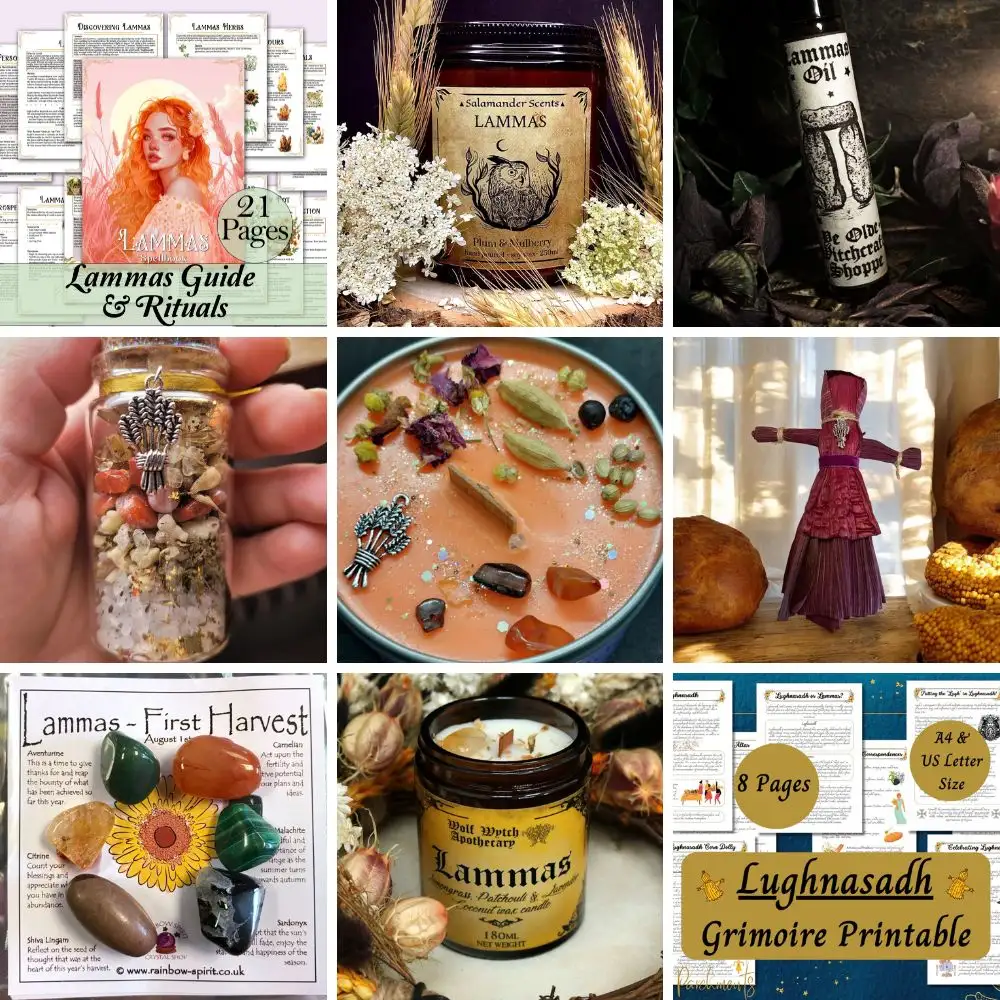 A square collage of nine Lammas-themed Etsy products. Top row: a 21-page Lammas ritual guide with a red-haired woman on the cover; a soy wax candle labeled 