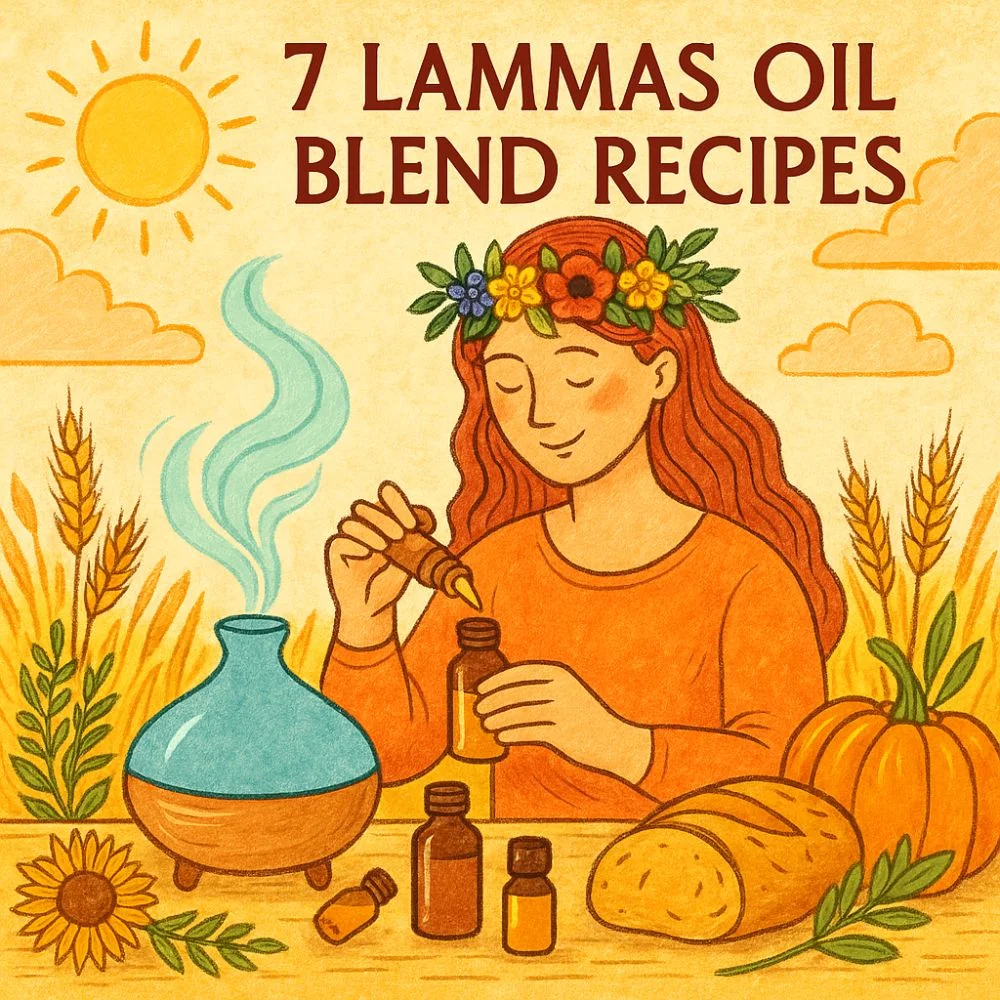 A colorful hand-drawn illustration of a woman with red hair and a flower crown, sitting at a wooden table making an essential oil blend. She is surrounded by Lammas imagery including wheat stalks, sunflowers, a pumpkin, a loaf of bread, amber glass oil bottles, and a lit diffuser. The background features a bright sun, golden clouds, and fields, evoking a warm, late-summer harvest scene.