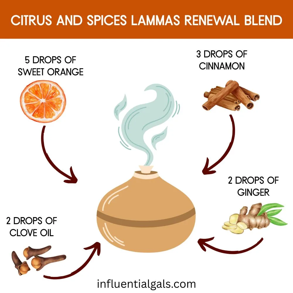 Illustrated diffuser surrounded by a sliced sweet orange, cinnamon sticks, clove buds, and ginger root. Each ingredient is labeled with arrows and drop instructions.