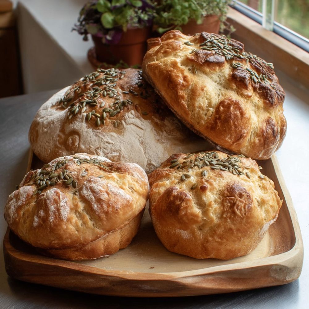 A wooden tray filled with freshly baked Lammas loaves, including round golden breads topped with seeds and rustic scoring, set beside a sunlit window with potted herbs in the background.