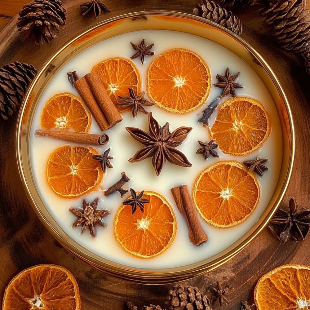 Top view of a Mabon-themed candle surrounded by dried orange slices, cinnamon sticks, star anise, and cloves, all floating in creamy wax inside a golden bowl. Pinecones and dried orange slices are arranged around the bowl on a wooden surface.
